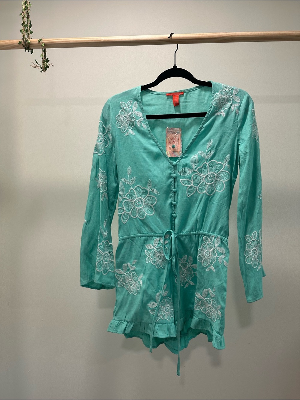 Chelsea & Violet Teal Embroidered Tie-Waist Romper